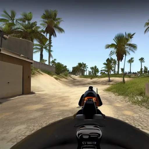 Prompt: 4 counter-strike characters terrorist and counter-terrorist driving simultaneously from golf tee view from behind unreal engine 8k highly detailed sunny weather florida
