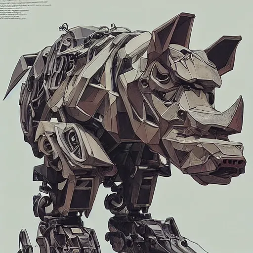 Image similar to portrait of a robotic rhino mecha elegant, concept art, intricate complexity, by shigenori soejima, krenz cushart, alphonse mucha, takato yamamoto, conrad roset, 4 k, beautiful, cinematic dramatic atmosphere, volumetric lighting, highly detailed, perfect, fine details, realistic shaded, fine,