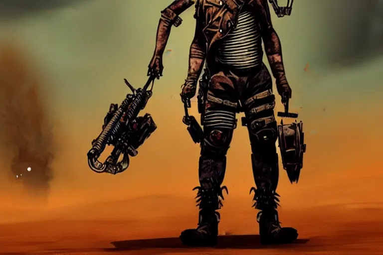 Prompt: a good ol'rabbit fursona ( from the furry fandom ), heavily armed and armored facing down armageddon in a dark and gritty version from the makers of mad max : fury road. witness me.