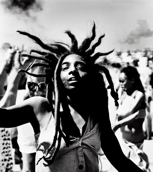 Image similar to portrait of a stunningly beautiful girl with dreadlocks dancing at a music festival, by bruce davidson