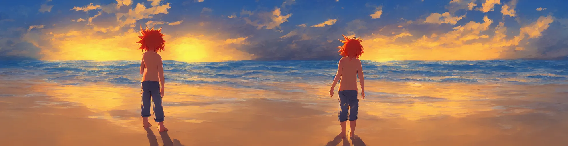 Prompt: beautiful, detailed digital painting of a orange-haired child playing on the beach and looking at the sunset, anime by Makoto Shinkai, sand, waves, trending on artstation