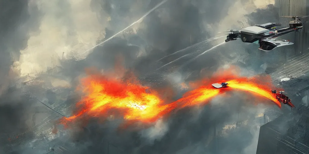 Image similar to futuristic drone putting out a fire with water, digital art, matte painting, artstation, concept art