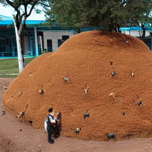 Image similar to a giant anthill in the shape of a school with ants going in and out of it wearing backpacks