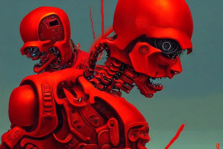 Image similar to only with red, a red cyborg samurai, tokio futuristic in background, some evil yokai fight, in the style of beksinski, parts by edward hopper, parts by rodcenko, parts by yue minjun, intricate and epic composition, red by caravaggio, insanely quality, highly detailed, masterpiece, red light, artstation, 4 k