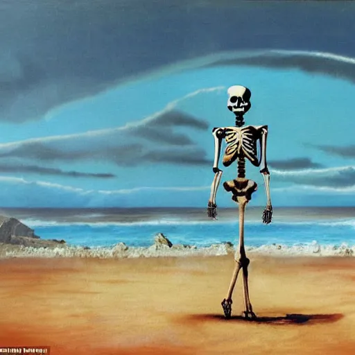 Image similar to a skeleton walking on a beach next to the ocean with nuclear bomb explosion in the background, a surrealist painting by Storm Thorgerson, featured on cg society, matte painting, naturalism, chillwave, anatomically correct