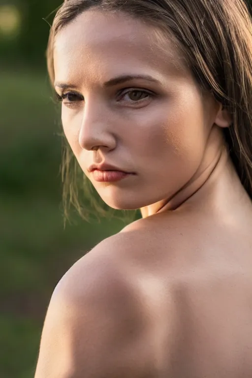 Prompt: olive skinned female model in her thirties, wearing sundress, looking content, focused on her neck, photo realistic, extreme detail skin, natural beauty, no filter, slr, golden hour, 4 k, high definition, selfie