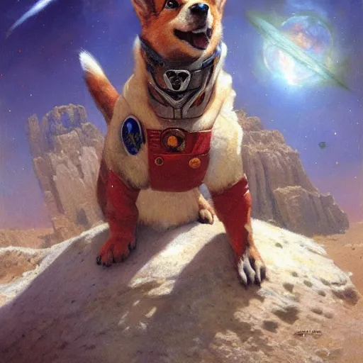 Prompt: a portrait of the soviet space dog program, artwork by gaston bussiere, craig mullins, trending on artstation, corgi