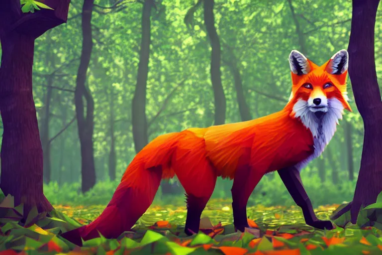 Image similar to super detailed color lowpoly art, red fox in an autumn maple forest, unreal engine, retrowave color palette, 3 d render, lowpoly, colorful, digital art, perspective