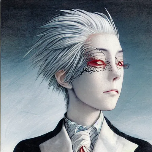 Image similar to Yoshitaka Amano realistic illustration of an anime girl with white hair and cracks on her face wearing dress suit with tie fluttering in the wind, abstract black and white patterns on the background, noisy film grain effect, highly detailed, Renaissance oil painting, weird portrait angle