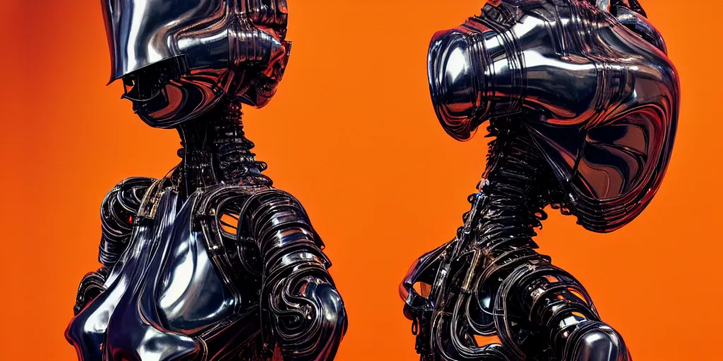 Image similar to walking down the catwalk, star base, vogue photo, podium, fashion show photo, iris van herpen baroque dress, beautiful woman, perfect body, full body shot, helmet on face, inflateble shapes, masterpiece, guyver, biomechanical details, denis villeneuve, movie still, fauvism, cinestill, bokeh, artstation