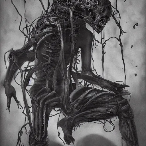 Image similar to break my heart set it all on fire, i cant be saved so i'll die quieter, horrifying artwork by nekro, borja, syd mead, zdislaw cosmic horror charcoal artwork, surreal existentialism