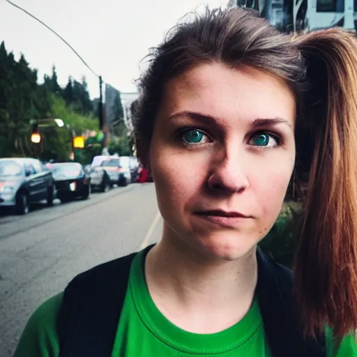 Prompt: iPhone portrait of an 20-something Canadian dressed in, light brown hair, green eyes, wearing a vintage black tshirt and jeans, pony tail, girl next door innocent look, on a sidewalk of Vancouver