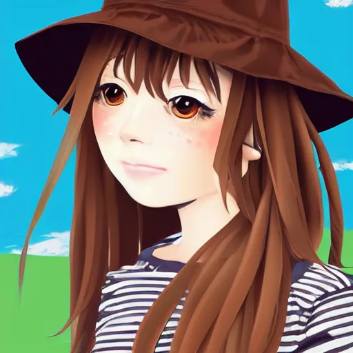 Prompt: portrait of cute anime girl with long brown hair with a frog bucket hat, digital art