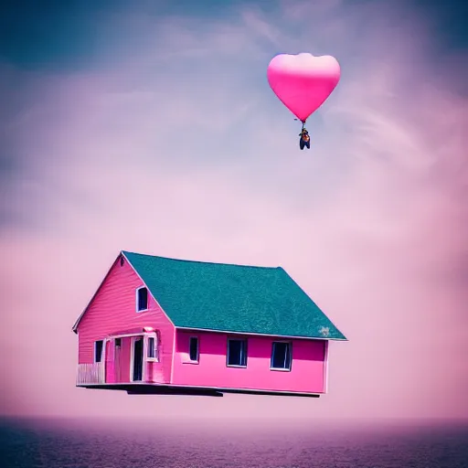 Image similar to a 5 0 mm lens photograph of a cute pink floating modern house, floating in the air between clouds, inspired by the movie up, held up from above by heart ballons. mist, playful composition canon, nikon, award winning, photo of the year