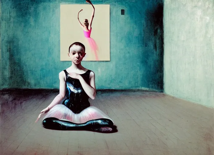 Image similar to portrait of nervous young girl ballerina sitting on the floor focusing in a dance hall by beeple and hernan bas and francis bacon and pat steir and hilma af klint, psychological, photorealistic, symmetrical face, dripping paint, washy brush, matte painting, rendered in octane, altermodern, masterpiece