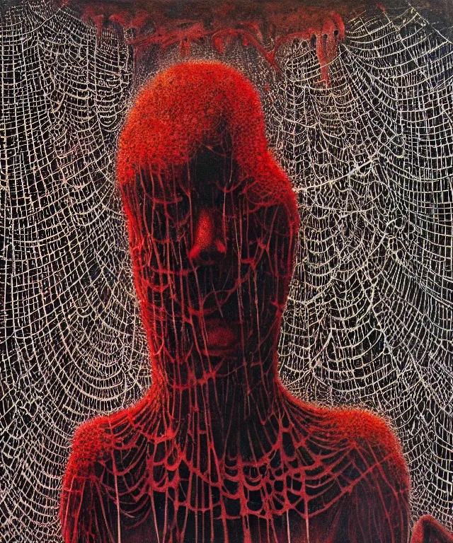 Prompt: a woman standing all covered in spiders, incredible number of spiders. extremely high details, many spider eyes, realistic, horror, creepy, web, masterpiece, art by hermann nitsch, zdzislaw beksinski, dariusz zawadzki, giger, dragan bibin, ed binkley