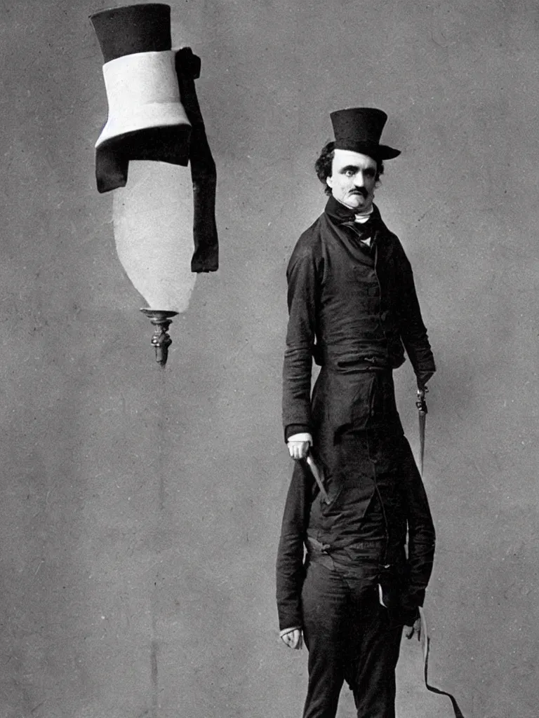 Image similar to edgar allan poe wearing a traffic cone on his head