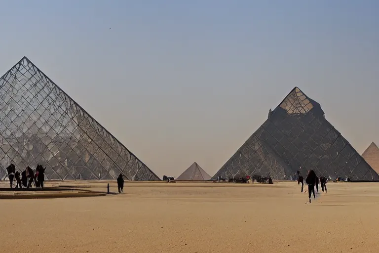 Prompt: The glass Louvre Pyramid, built in the Egyptian desert, designed by I.M. Pei, with the Pyramid of Khufu and the Great Sphinx of Giza in the background.