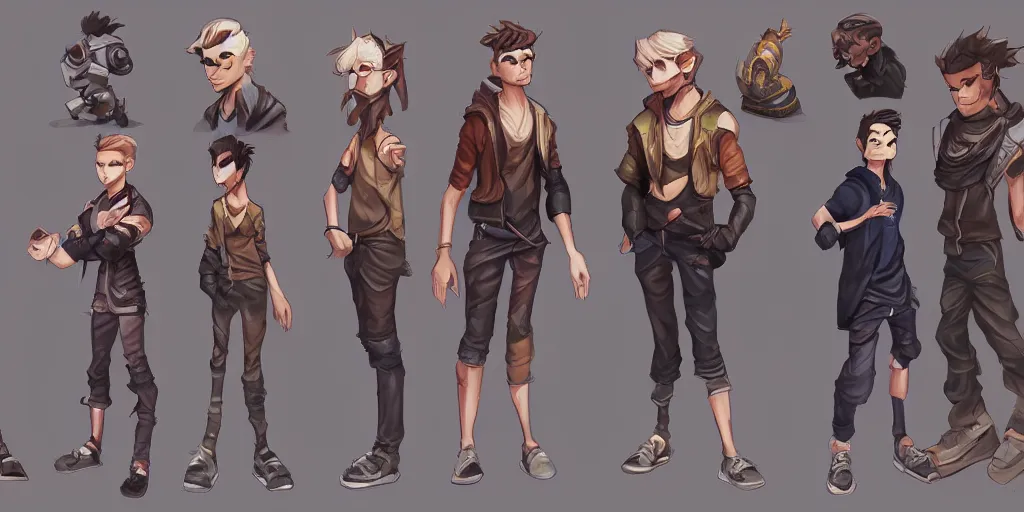 Prompt: concept art of single boy, game characters full body designs, hearthstone, unique heads, casual streetwear, by marc brunet and artgerm, color comics style, clean line