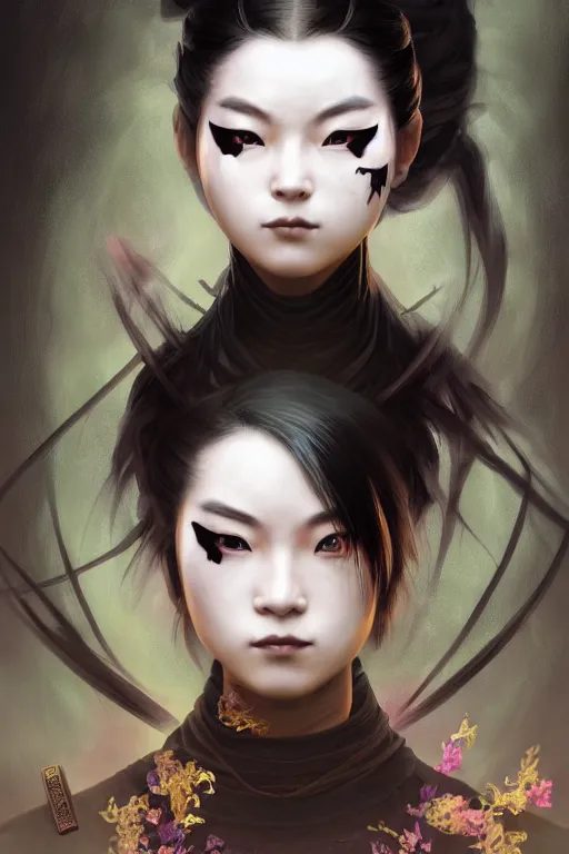 Image similar to beautiful ultradetailed young female ninja portrait, wearing mask of Ninja, black magic and mystery and evil and stunning, reference from video game Far East of Eden+smoky eyes+light flowing hair, ssci-fi, fantasy, in mudra and firefly night ruin tokyo temple, ultradetail face, art and illustration by craig mullins and tian zi and WLOP and alphonse mucha, human structure, intricate complexity, fantasy world concept, watermark, blurry, hyperrealism 8k