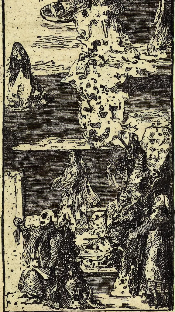 Image similar to revenants, spirits and pagan apparitions, grimoire, italian woodblock print from 1 7 5 5