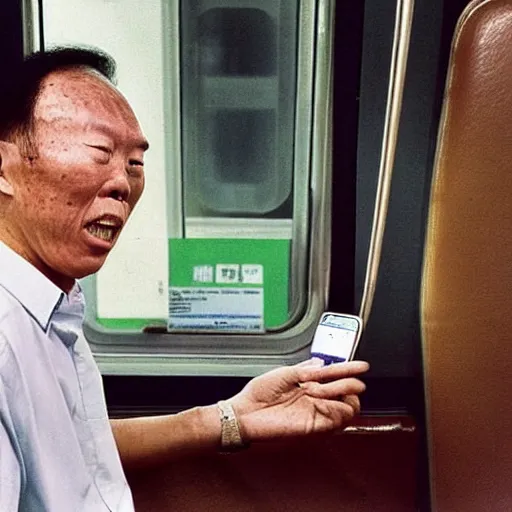 Image similar to candid photo of Lee Kuan Yew squinting disapprovingly at his phone while riding the train