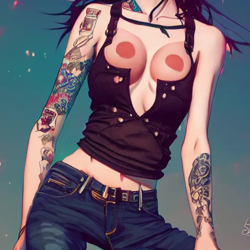 Image similar to torso shot of a beautiful punkrock woman in crop top, art by saruei and guweiz and ilya kuvshinov, digital art, highly detailed, intricate, sharp focus, trending on artstation hq, deviantart, pinterest, unreal engine 5, 4 k uhd image