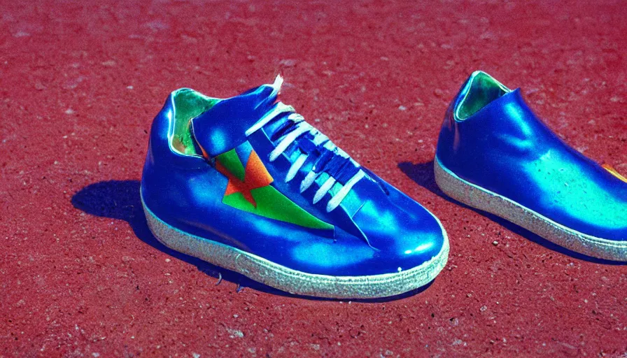 Prompt: 1 9 9 8 brazilian sneakers designed by arthur bispo do rosario, jules bastien - lepage, tarsila do amaral, frank weston and gustave baumann, cactus, clothing photography, f - 9 1 / 1 2 5, brutalism, sharp focus, colorful refracted sparkles, star lines, soft light, 8 k