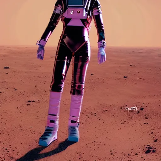 Image similar to A wide angle shot from below of a female astronaut with a feminine body walking with swagger towards camera on mars in an infinite universe , synthwave digital art