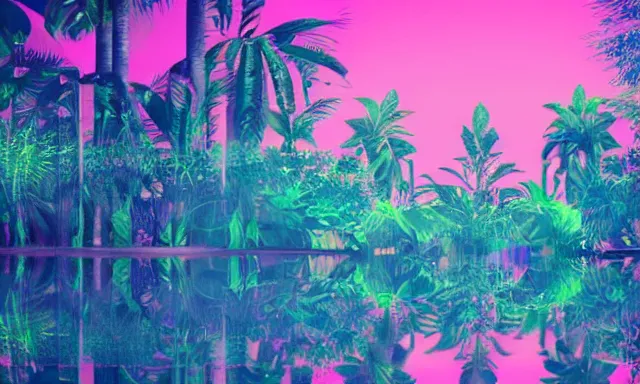 Image similar to mirror in a vaporwave jungle, 4k Photograph