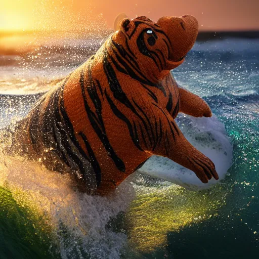 Image similar to a closeup photorealistic photograph of a cute smiling knitted tiger hippopotamus riding an epic wave at sunset. surf in the background. professional capture. brightly lit scene. this 4 k hd image is trending on artstation, featured on behance, well - rendered, extra crisp, features intricate detail, epic composition and the style of unreal engine.