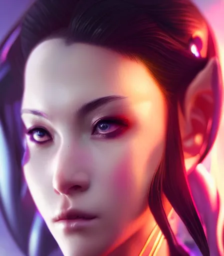 Prompt: beautiful portrait of a cyberpunk goddess who looks like Chun Li , character design by charlie bowater, ross tran, artgerm, and makoto shinkai, detailed, soft lighting, rendered in octane