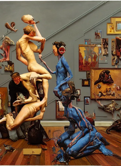 Prompt: realistic detailed image of Contemporary exhibiton with obsidian statues in the style of Francis Bacon, Surreal, Norman Rockwell and James Jean, Greg Hildebrandt, and Mark Brooks, triadic color scheme, By Greg Rutkowski, in the style of Francis Bacon and Syd Mead and Edward Hopper and Norman Rockwell and Beksinski, open ceiling, highly detailed, painted by Francis Bacon, painted by James Gilleard, surrealism, airbrush, Ilya Kuvshinov, WLOP, Stanley Artgerm, very coherent, art by Takato Yamamoto and James Jean