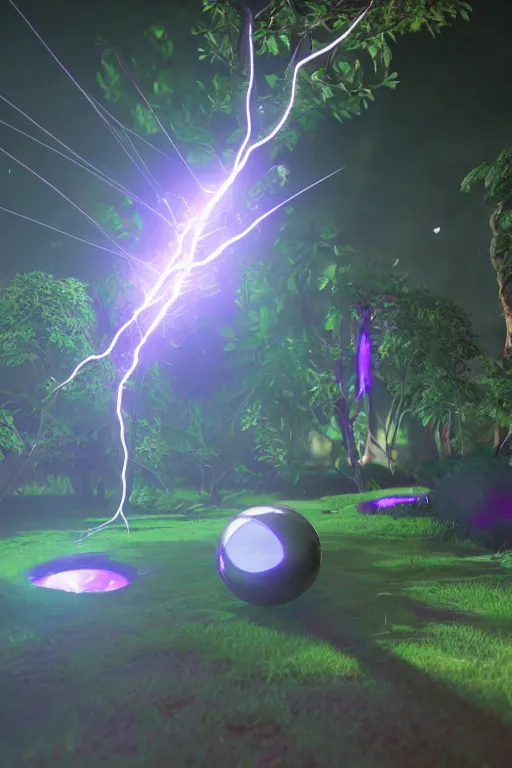 Prompt: a glowing magical orb flickering with purple and green lightning, unreal engine, path tracing