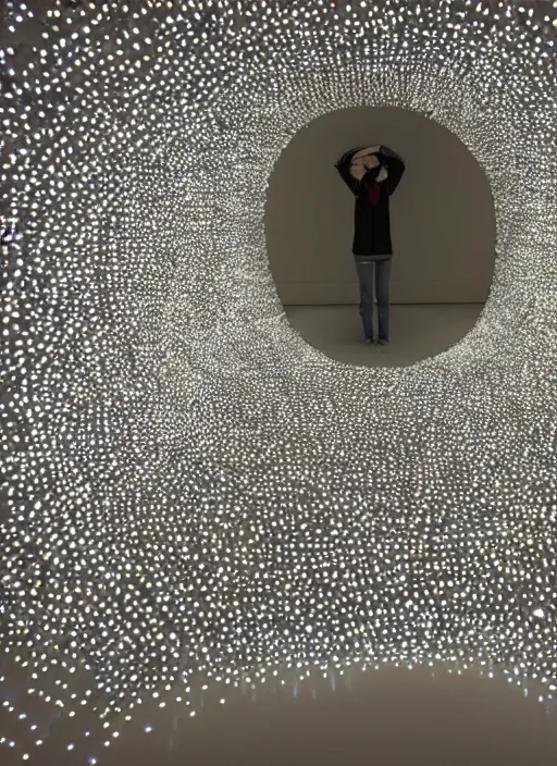 Prompt: a figurative sculpture made of one million tiny reflective spheres