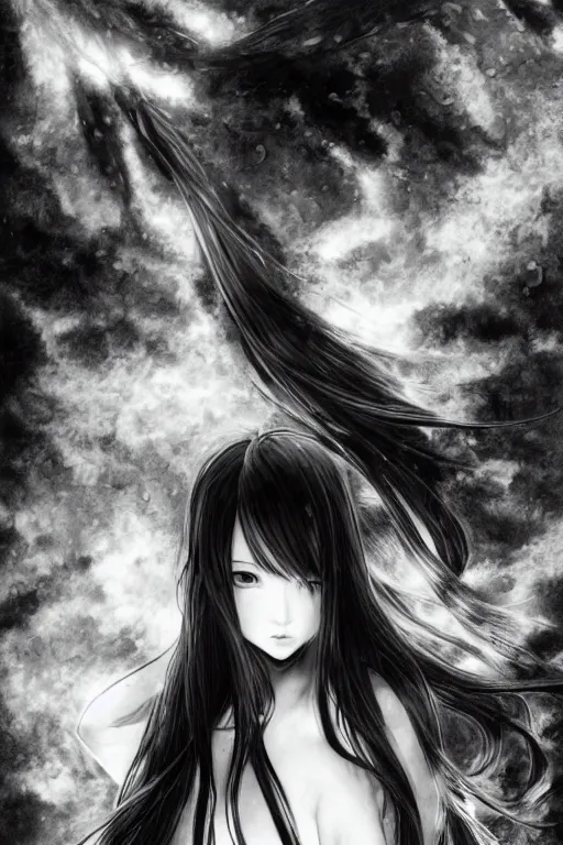 Image similar to a vertical portrait of a character in a scenic environment by Yoshitaka Amano, black and white, dreamy, dark eyes, wavy long black hair, highly detailed