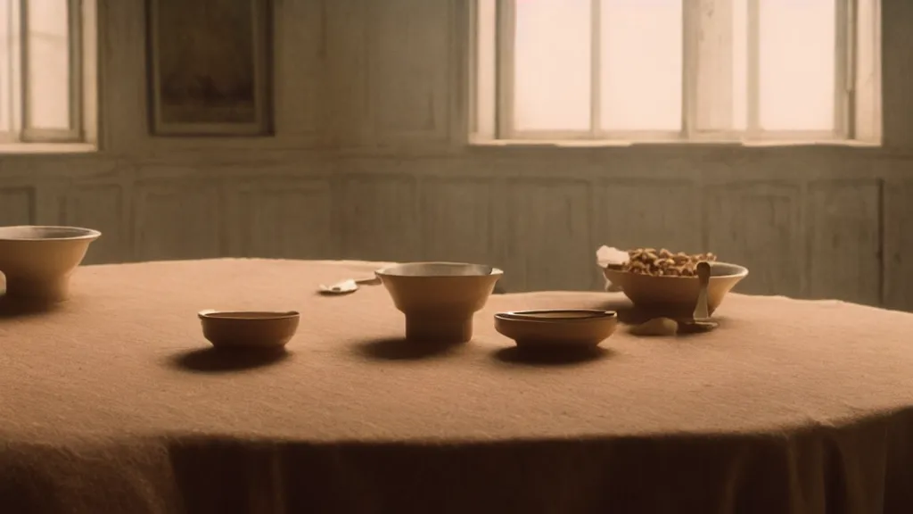 Image similar to an empty cereal bowl sits on a table, film still from the movie directed by Wes Anderson with art direction by Zdzisław Beksiński, wide lens