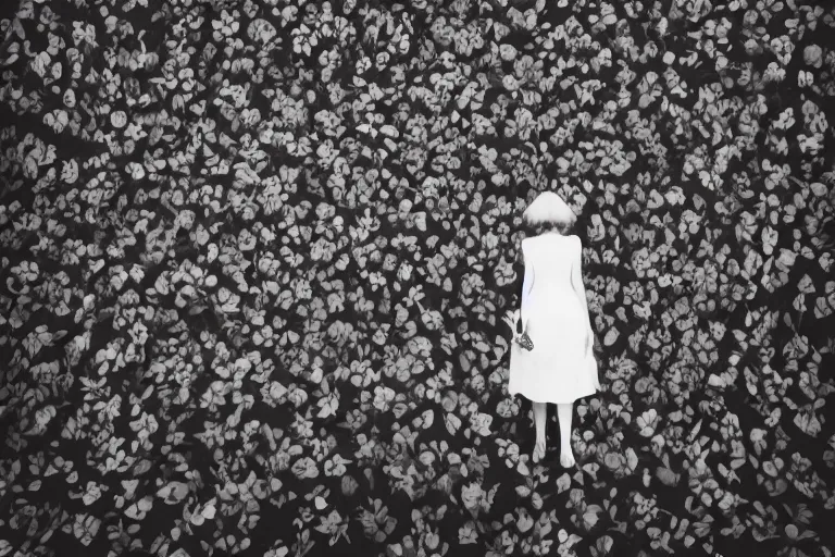 Image similar to giant flower head, girl walking in hotel, surreal, symmetry, flat space, fanciful, stark colours, detailed, wes anderson