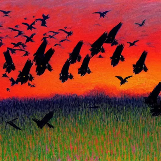 Prompt: a painting of a beautiful flock of crows flying at sunset, trending on artstation, masterpiece, in the style of Claude Monet