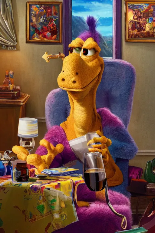Image similar to still from kids tv show, retired barney the dinosaur, sitting in a lounge, sipping whiskey and smoking a cigar, oil on canvas, intricate, portrait, 8 k highly professionally detailed, hdr, cgsociety