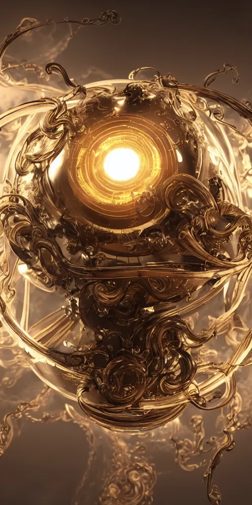 Image similar to swirling abstract cyborg parts and bio - mechanical tendrils and ornate flowing smoke streams and liquid light streaks surround a small metallic sphere, cinematic, unreal engine