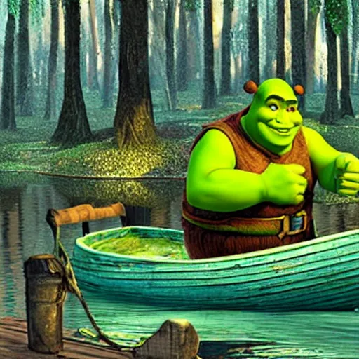 Image similar to shrek on a boat in a swamp