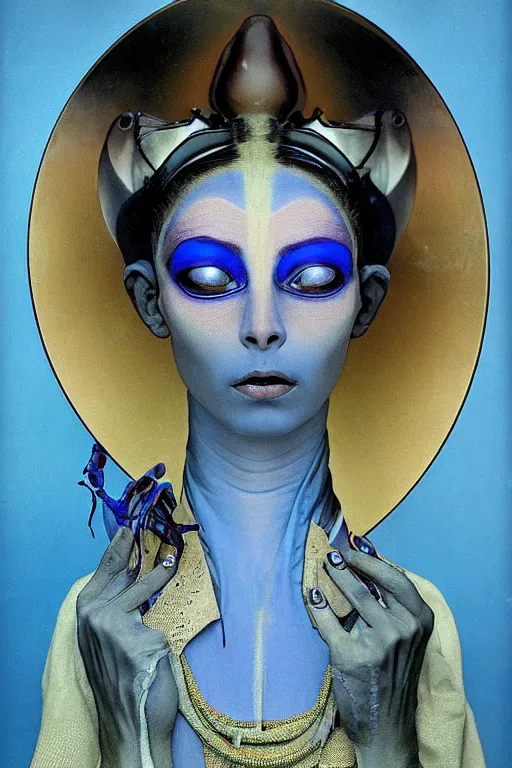 Image similar to beautiful portrait of a blue alien woman with 4 insect eyes, wearing an outfit made from plutonium, silicone skin, symmetrical face, by alphonso mucha, ear piercings resembling plasma jets, the 5 th element, cinematrographic, hyperrealism elegant, soft shapes, sharp details, 3 5 mm, f / 2 4, masterpiece