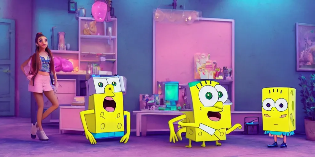 Image similar to “animated Ariana grande and SpongeBob hanging out. 4. Octane render, 4k, 8k, unreal 5, very detailed, hyper realism, trending on artstation.”