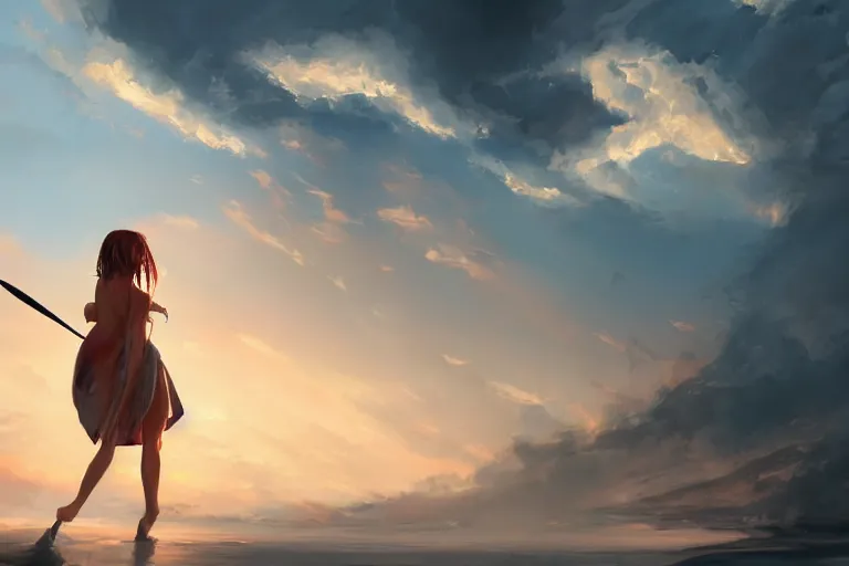 Prompt: back shot of one single beautiful girl in sundress gazing back, holding two swords, digital art by wlop. artstation contest winner, cinematic paint. lower shot. dramatic cloud in background. sunset