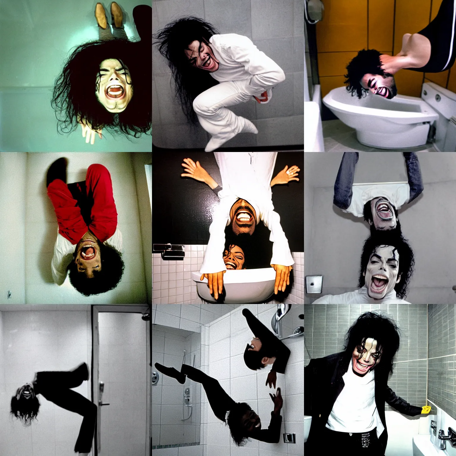 Image similar to michael jackson laughing and floating upside down in a bathroom.