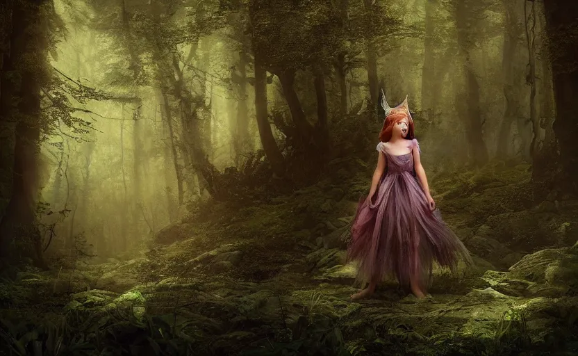 Image similar to A joyful fairy princess, in a dark forest, telephoto, cool tones, underexposed, overecast, mysterious matte painting by greg rutkowski and marc simonetti and Ivan Shishkin, 4k