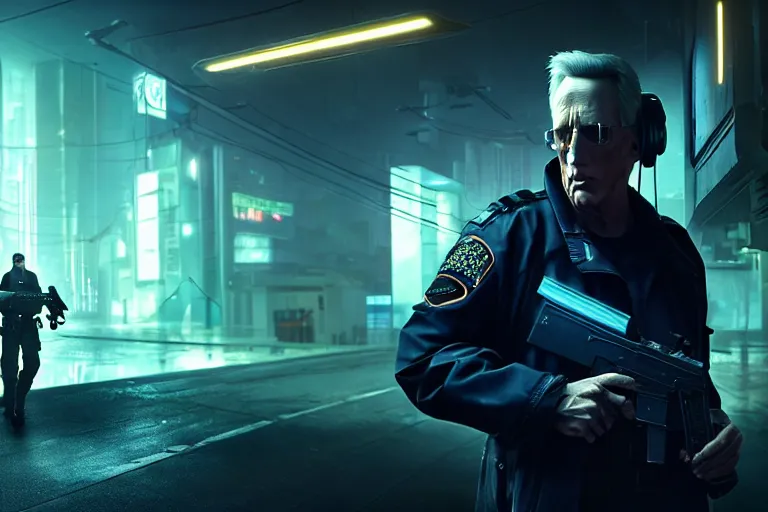 Image similar to ultra realistic, cinematic, james woods as cyberpunk junk cop, detailed, deep focus, movie still, dramatic lighting, ray tracing, by michal karcz and yoshitaka amano