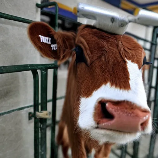 Image similar to mugshot of a cute calf dressed as an inmate inside jail