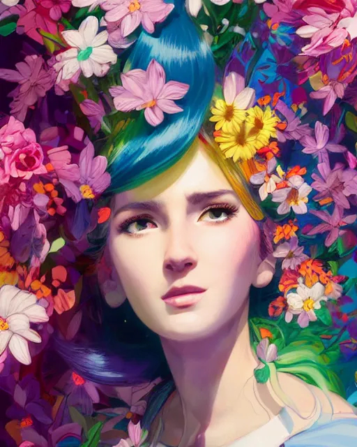 Image similar to half - electricity woman, white and multicolored hair, surrounded by flowers, cosmic background, with cute - fine - face, pretty face, realistic shaded perfect face, fine details by realistic shaded lighting poster by ilya kuvshinov katsuhiro otomo, magali villeneuve, artgerm, jeremy lipkin and michael garmash and rob rey